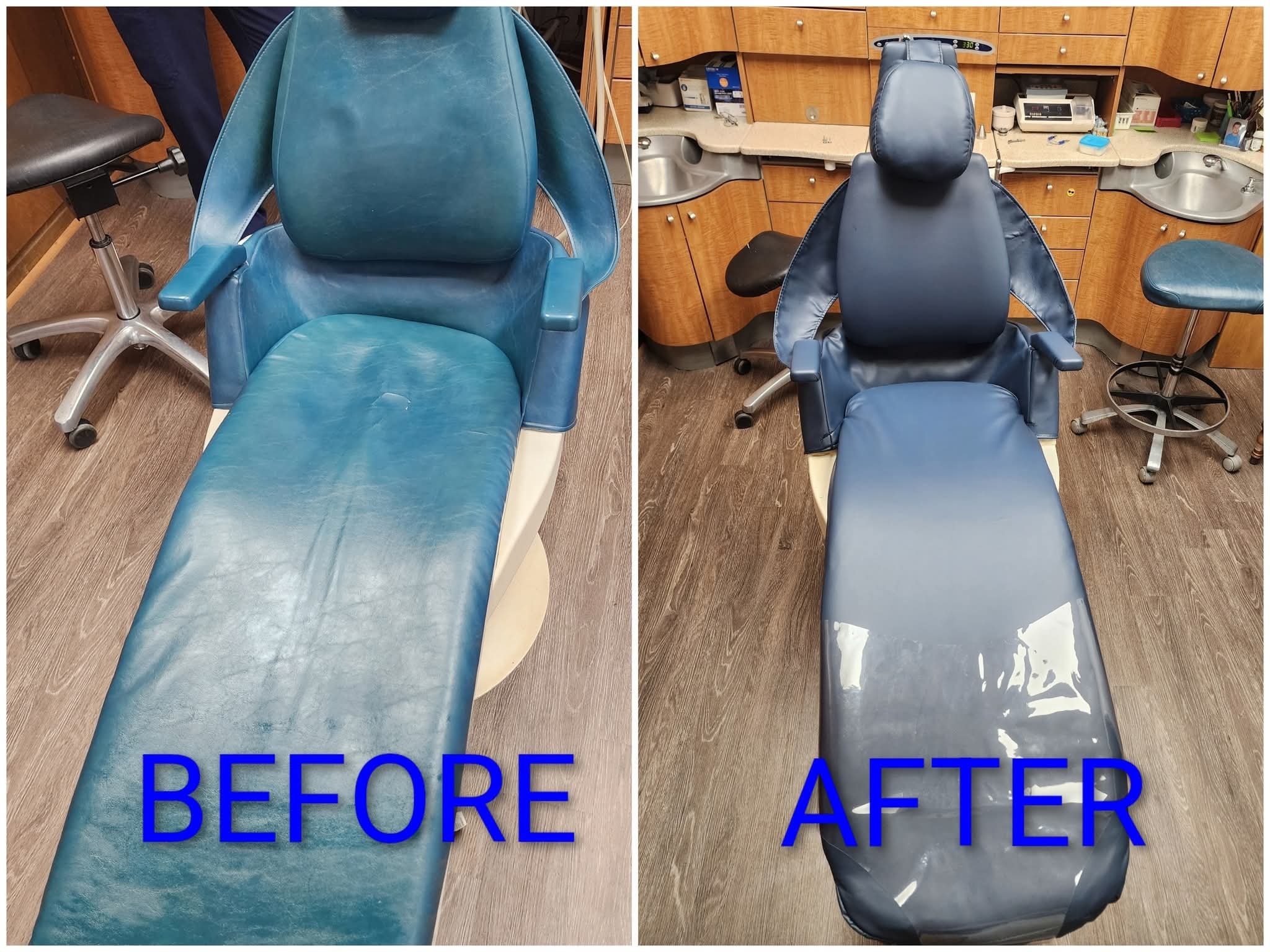 Before and after dental chair reupholstery - blue chair