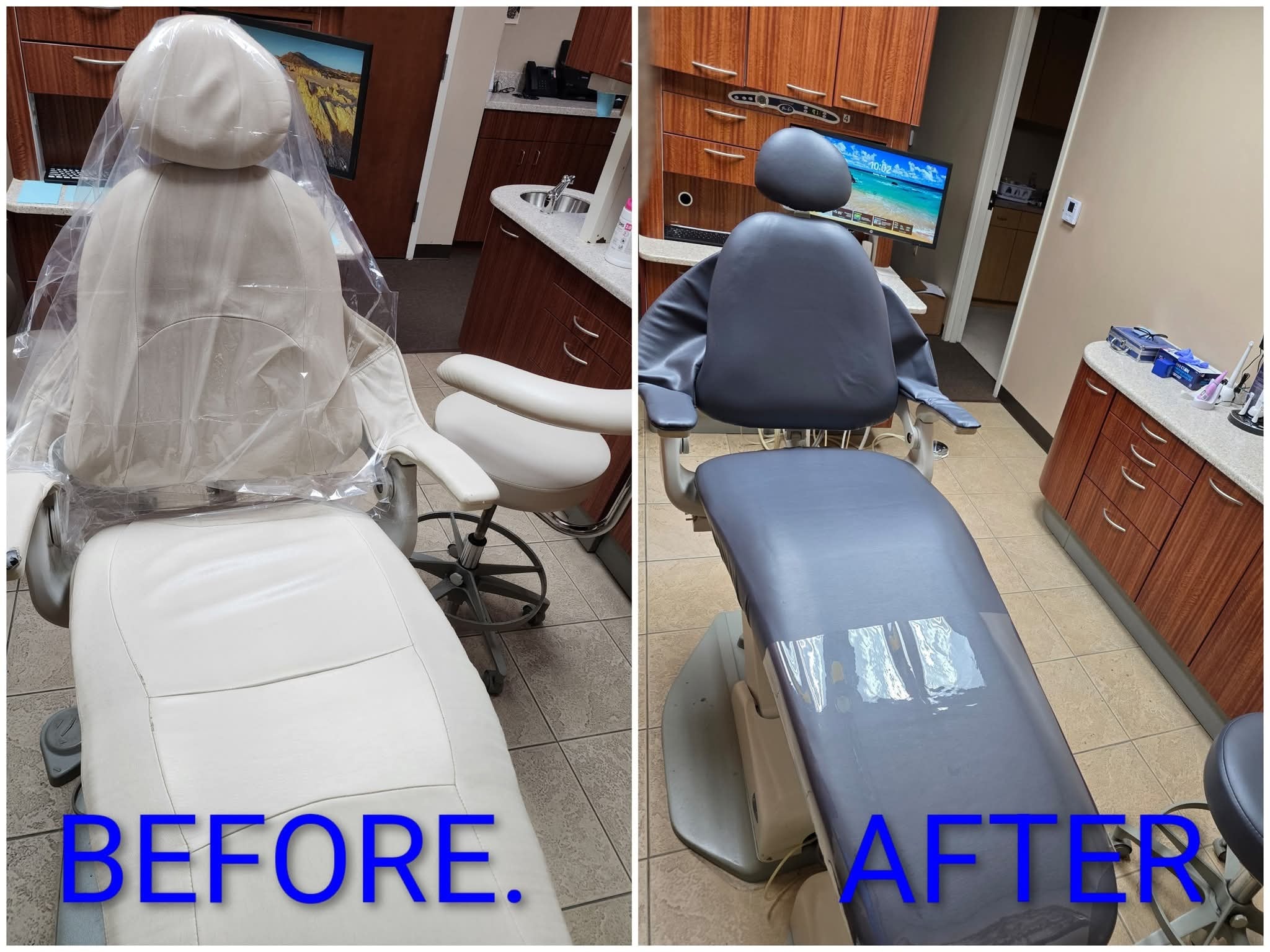 Before and after dental chair reupholstery - white to gray
