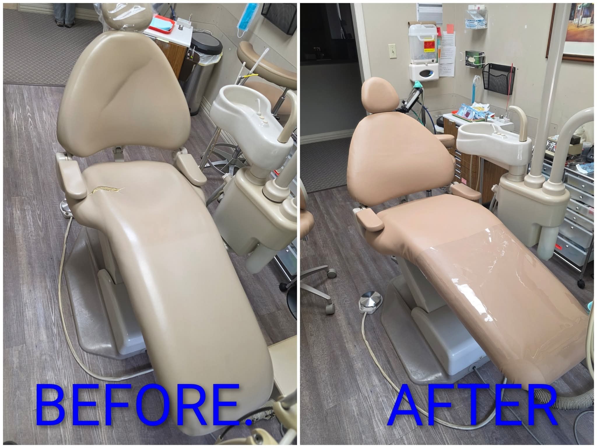 Before and after dental chair reupholstery - tan chair