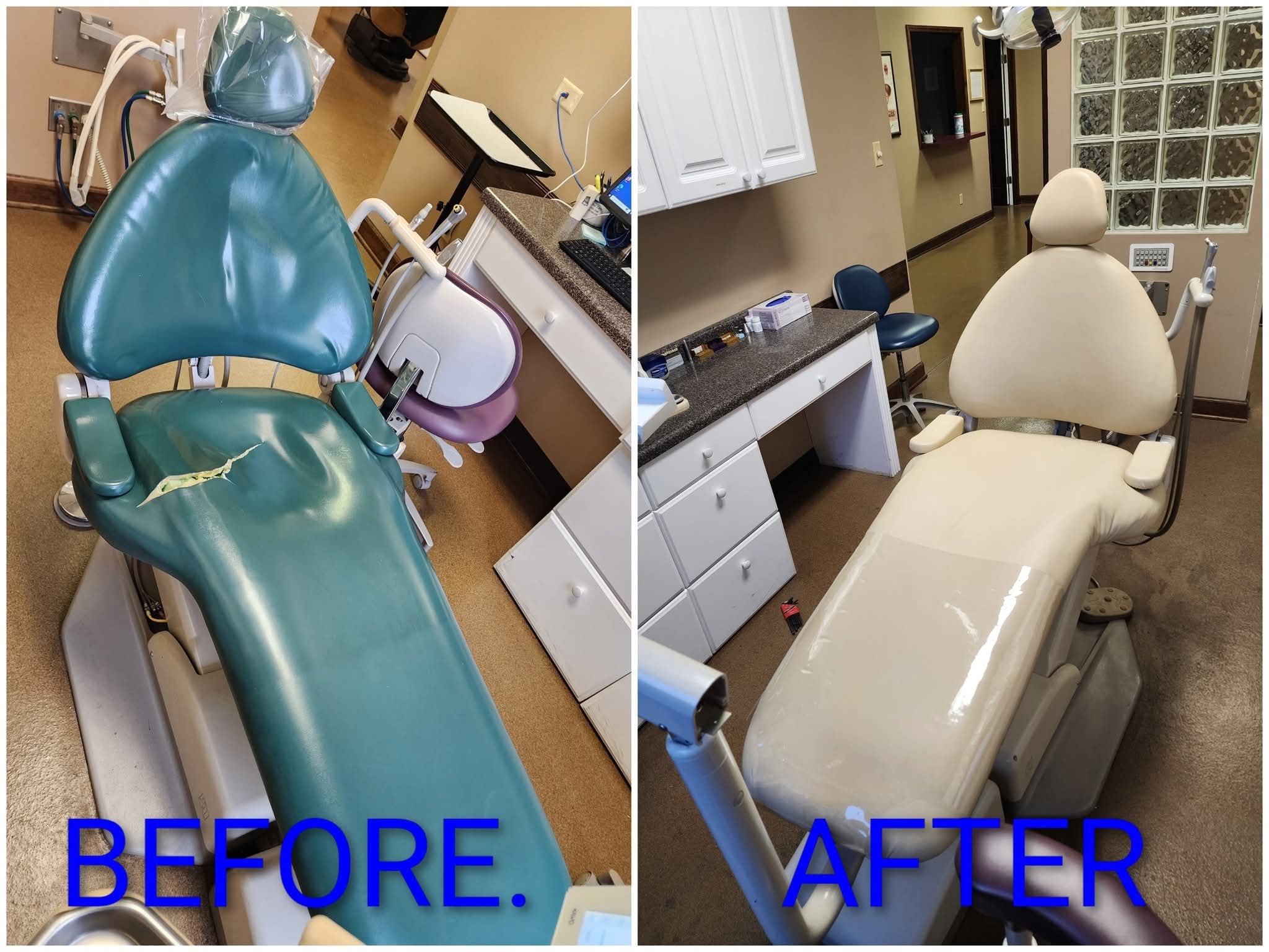Before and after dental chair reupholstery - teal to cream